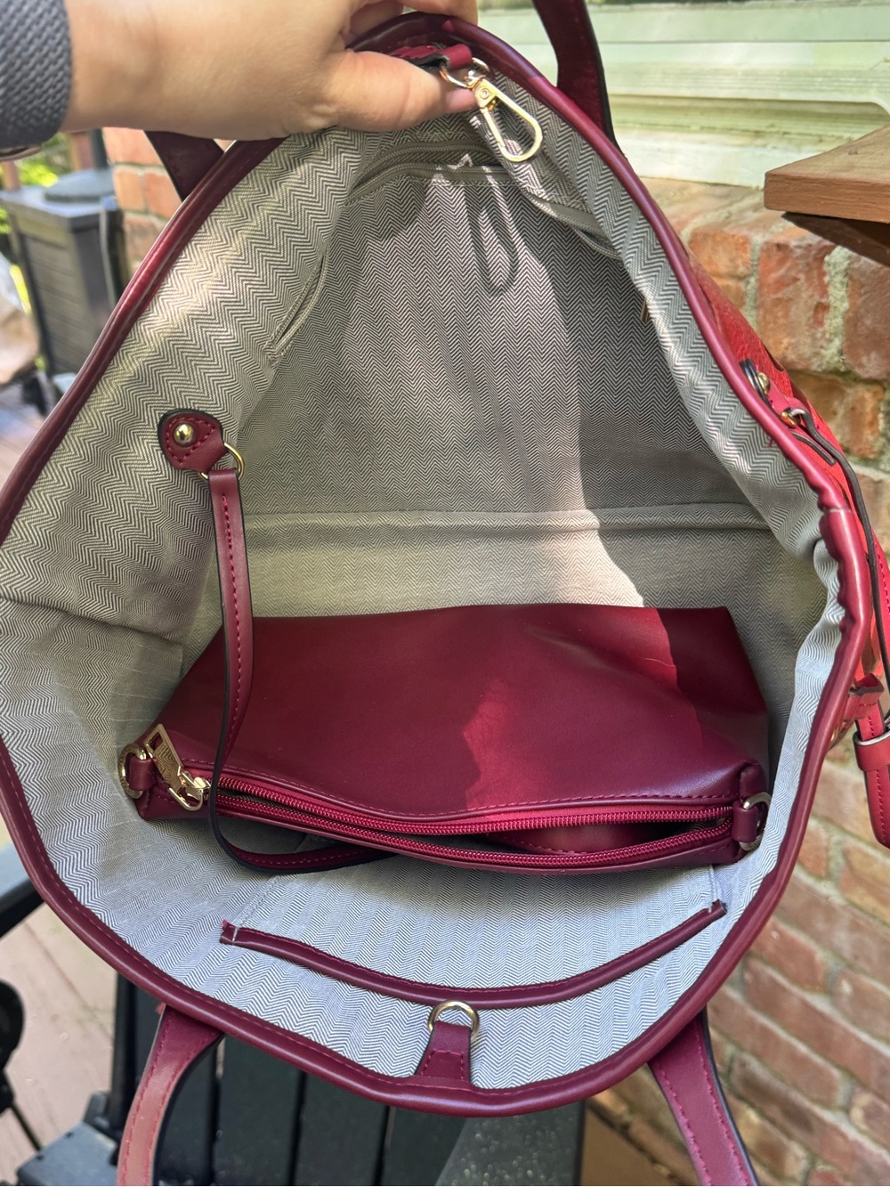 Red Embossed Floral Vegan Leather Tote with Contrast Accents - Picture 11 of 17